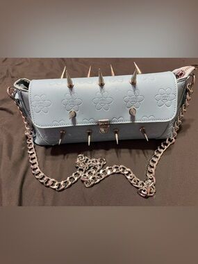 Spiked Floral Embossed Crossbody Bag - Light Blue
